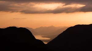 Preview wallpaper mountains, silhouettes, river, fog, dark