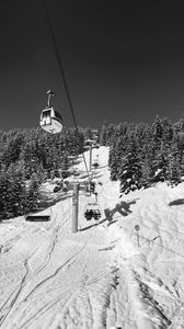 Preview wallpaper mountains, ski lift, snow, winter, black and white