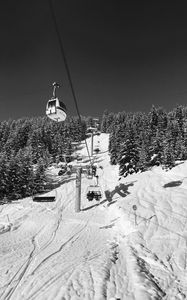 Preview wallpaper mountains, ski lift, snow, winter, black and white