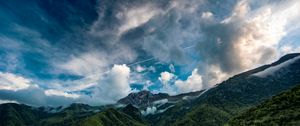 Preview wallpaper mountains, sky, clouds, landscape, forest