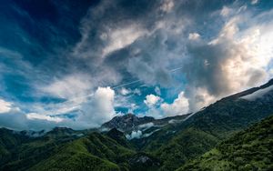 Preview wallpaper mountains, sky, clouds, landscape, forest
