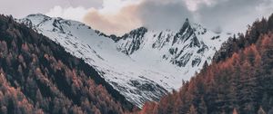 Preview wallpaper mountains, sky, clouds, trees, aerial view, snow, italy