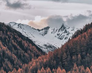 Preview wallpaper mountains, sky, clouds, trees, aerial view, snow, italy