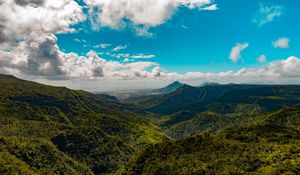 Preview wallpaper mountains, sky, clouds, aerial view, forest