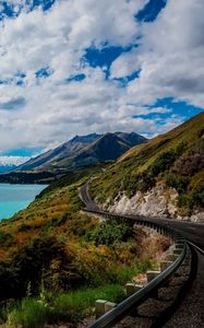 Preview wallpaper mountains, sky, grass, sea, rail