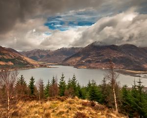 Preview wallpaper mountains, sky, lake, clouds, dense, wood, coniferous, birches, grass, faded, autumn, look, landscape