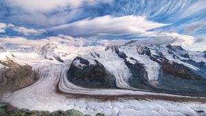 Preview wallpaper mountains, sky, snow, clouds, dirty