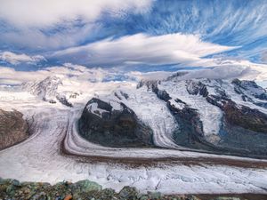 Preview wallpaper mountains, sky, snow, clouds, dirty