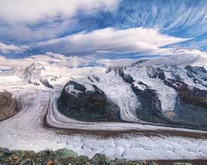 Preview wallpaper mountains, sky, snow, clouds, dirty