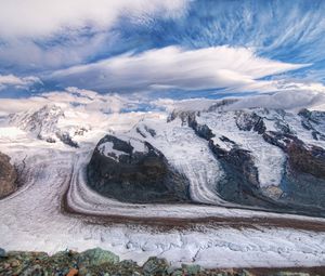 Preview wallpaper mountains, sky, snow, clouds, dirty