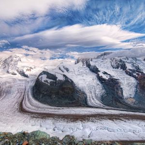 Preview wallpaper mountains, sky, snow, clouds, dirty