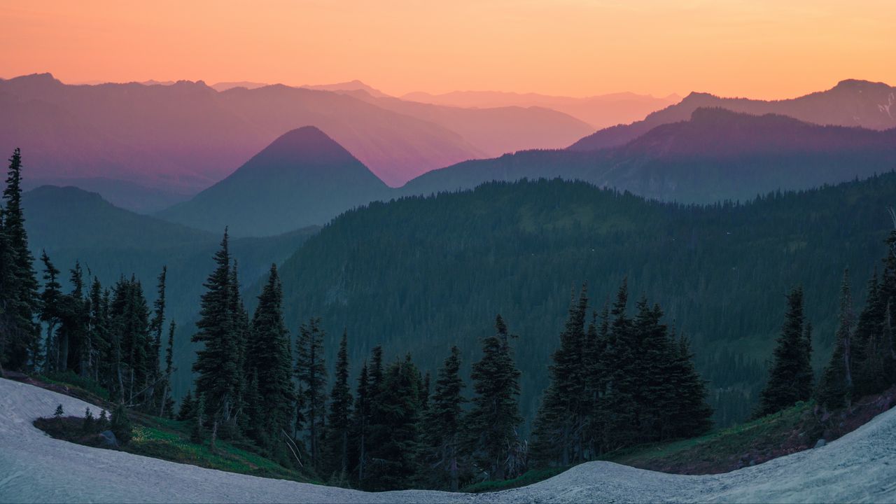 Wallpaper mountains, sky, top view, trees, sunset