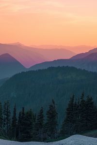 Preview wallpaper mountains, sky, top view, trees, sunset