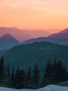 Preview wallpaper mountains, sky, top view, trees, sunset