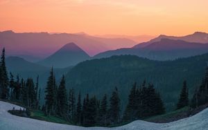 Preview wallpaper mountains, sky, top view, trees, sunset