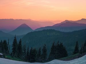 Preview wallpaper mountains, sky, top view, trees, sunset