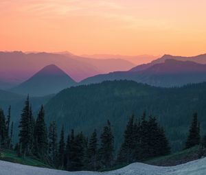Preview wallpaper mountains, sky, top view, trees, sunset