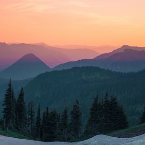 Preview wallpaper mountains, sky, top view, trees, sunset