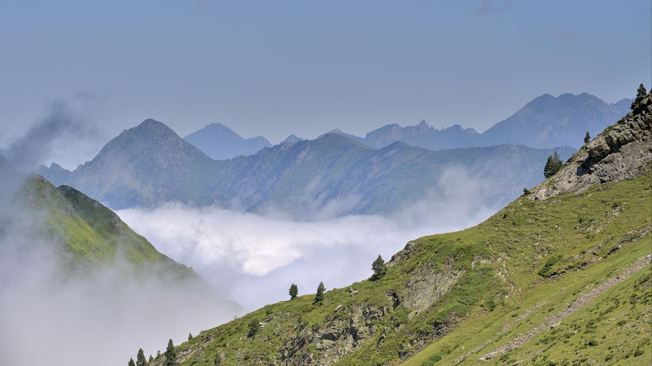 Wallpaper mountains, slope, clouds, distance