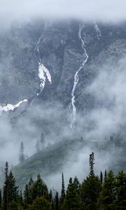 Preview wallpaper mountains, slope, fog, waterfalls, trees, landscape