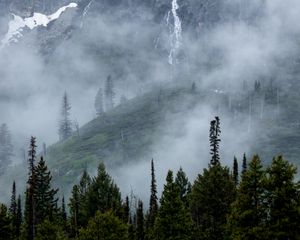 Preview wallpaper mountains, slope, fog, waterfalls, trees, landscape