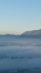 Preview wallpaper mountains, slope, fog, trees, nature, sky