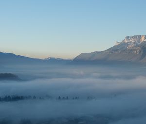 Preview wallpaper mountains, slope, fog, trees, nature, sky