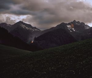 Preview wallpaper mountains, slope, forest, trees, bonfire