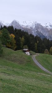 Preview wallpaper mountains, slope, house, trees, landscape, nature