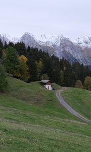 Preview wallpaper mountains, slope, house, trees, landscape, nature