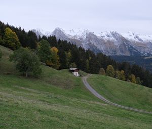 Preview wallpaper mountains, slope, house, trees, landscape, nature