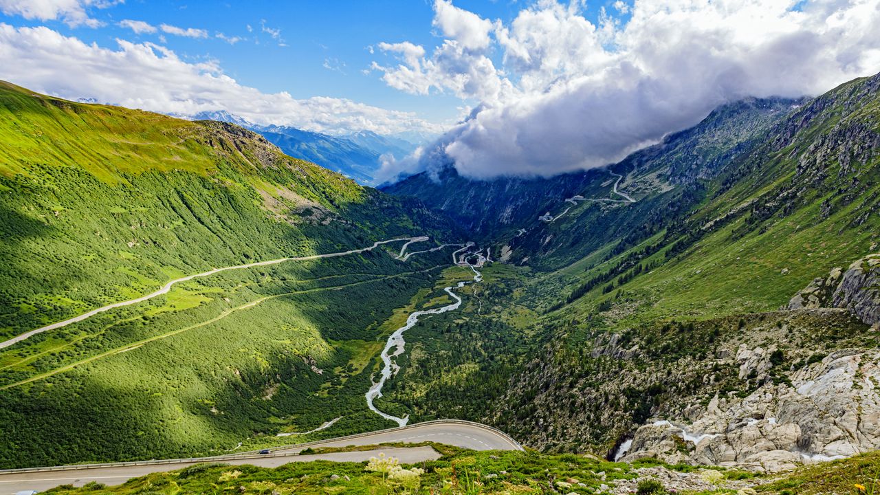 Wallpaper mountains, slope, road, river, clouds