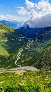 Preview wallpaper mountains, slope, road, river, clouds