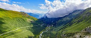 Preview wallpaper mountains, slope, road, river, clouds