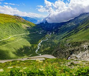 Preview wallpaper mountains, slope, road, river, clouds