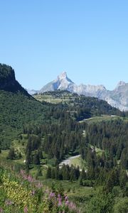 Preview wallpaper mountains, slope, road, trees, landscape, aerial view