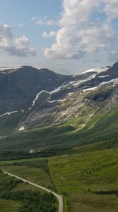 Preview wallpaper mountains, slope, snow, peaks, road, valley