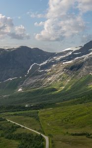 Preview wallpaper mountains, slope, snow, peaks, road, valley