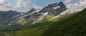 Preview wallpaper mountains, slope, snow, peaks, road, valley