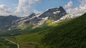 Preview wallpaper mountains, slope, snow, peaks, road, valley