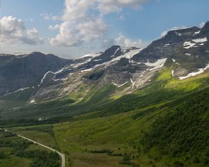 Preview wallpaper mountains, slope, snow, peaks, road, valley