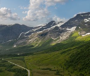 Preview wallpaper mountains, slope, snow, peaks, road, valley