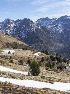Preview wallpaper mountains, slope, snow, bushes, landscape