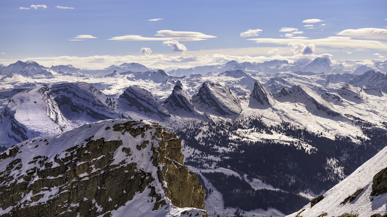 Wallpaper mountains, slope, snow, valley, trees