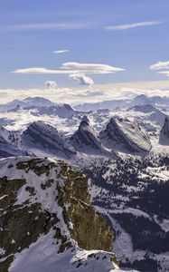 Preview wallpaper mountains, slope, snow, valley, trees