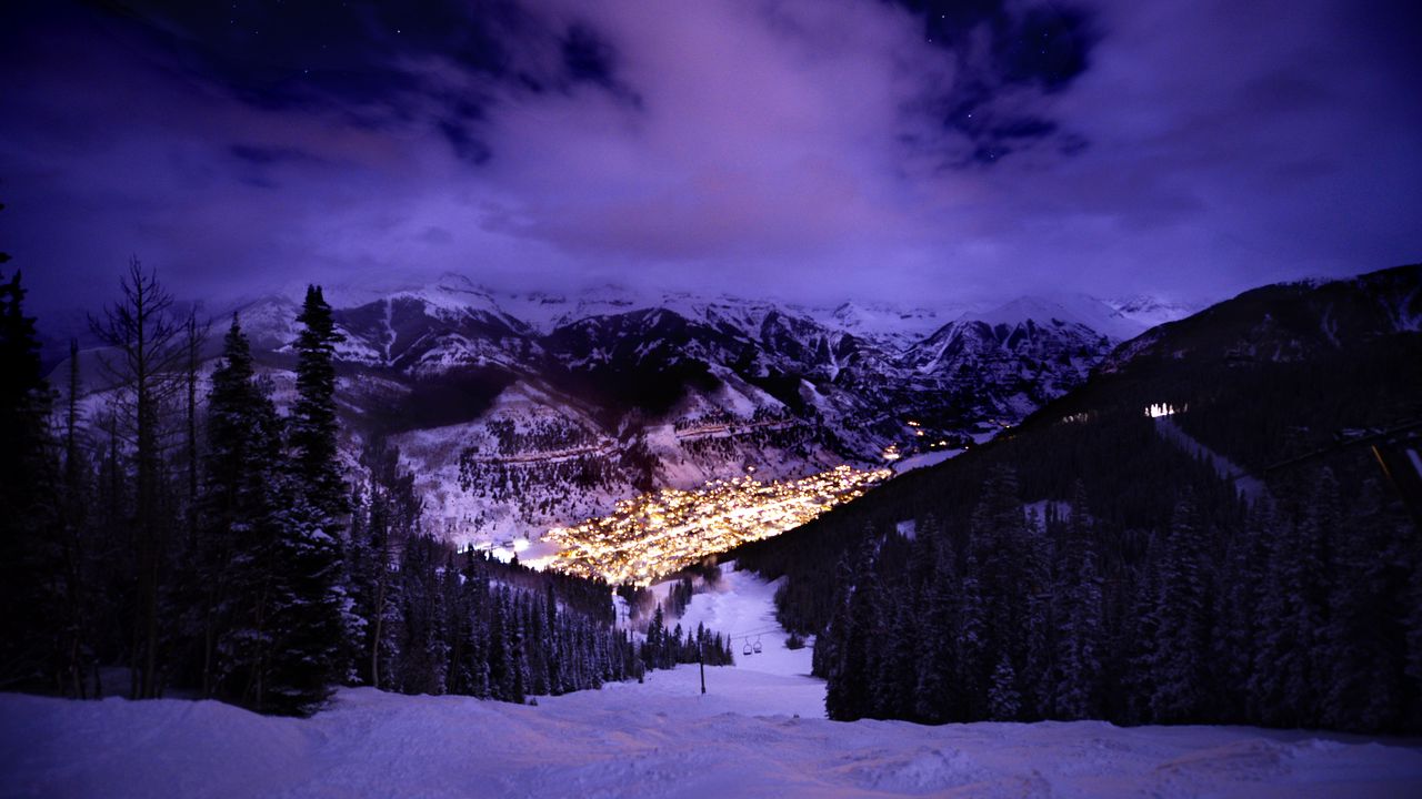 Wallpaper mountains, slope, snow, lights, evening