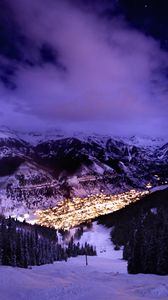 Preview wallpaper mountains, slope, snow, lights, evening