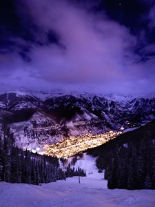 Preview wallpaper mountains, slope, snow, lights, evening