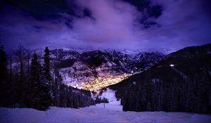 Preview wallpaper mountains, slope, snow, lights, evening