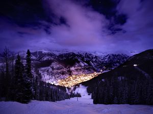Preview wallpaper mountains, slope, snow, lights, evening